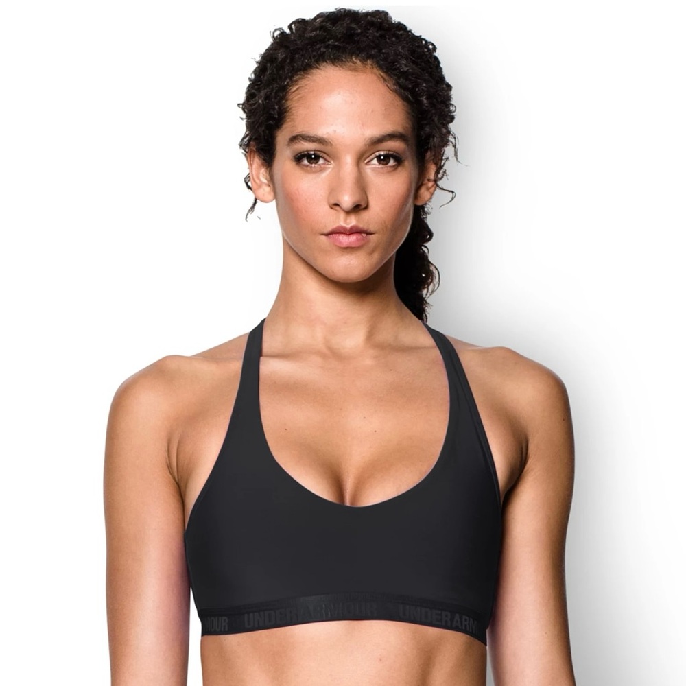 Under Armour Sweetheart Neck Low-Impact HeatGear Sports Bra Black Size S…
